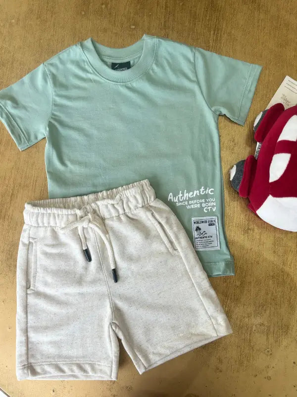 Conjunto Menino Camiseta Urso Polar E Bermuda Verde Olive