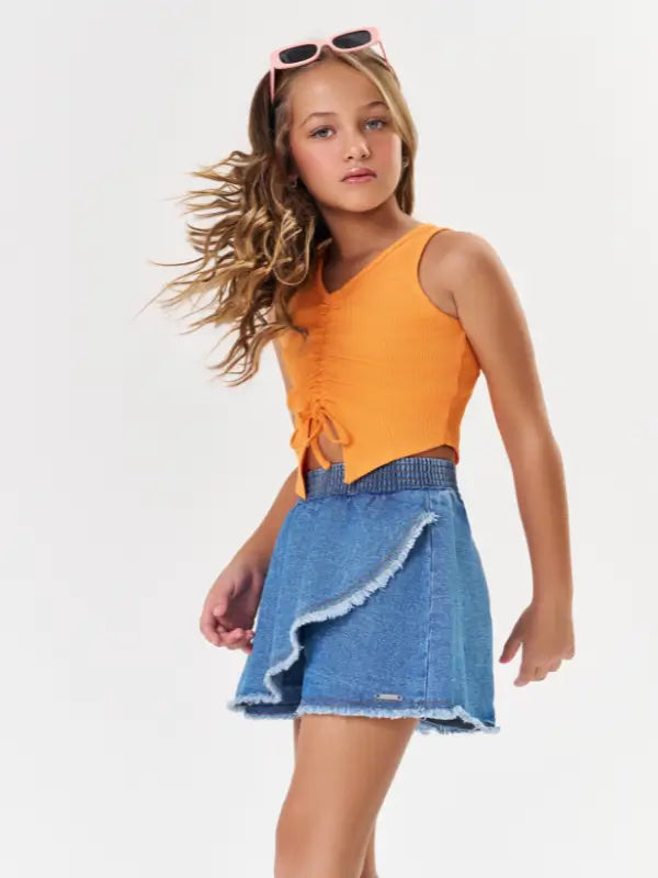 Conjunto Infantil com Top Laranja e Short Saia Jeans