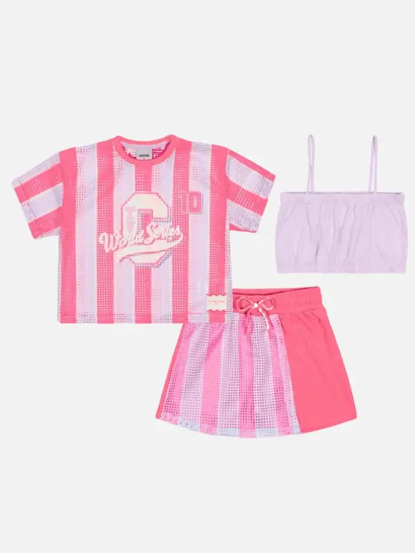 Conjunto Infantil Rosa Neon com Sobreposição em Tela