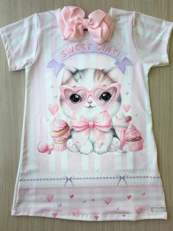 Vestido Infantil "Sweet Cinti" com Estampa de Gatinho - Delicado e Divertido