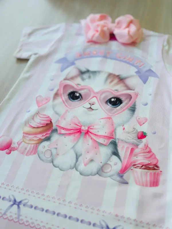 Vestido Infantil "Sweet Cinti" com Estampa de Gatinho - Delicado e Divertido