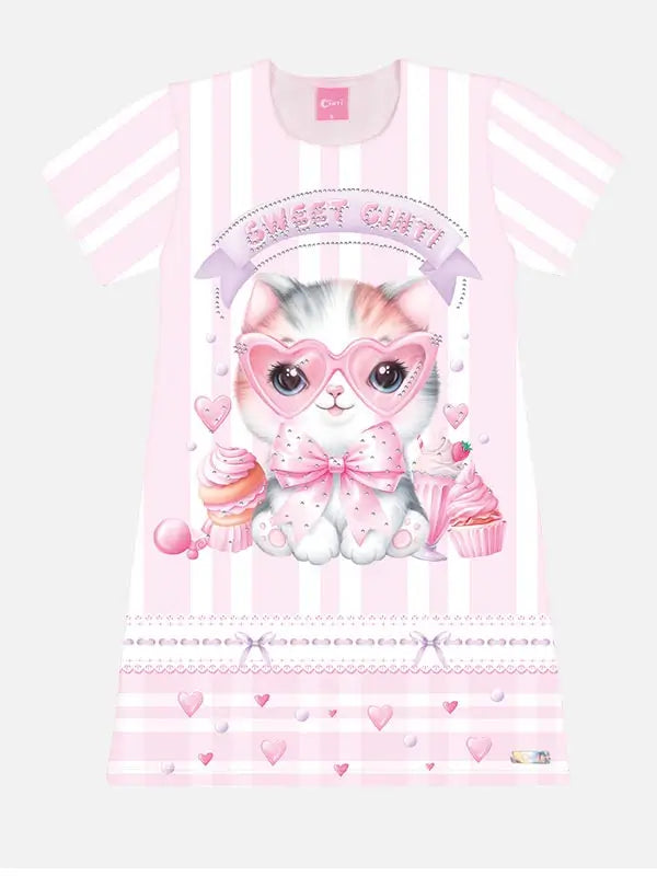 Vestido Infantil "Sweet Cinti" com Estampa de Gatinho - Delicado e Divertido