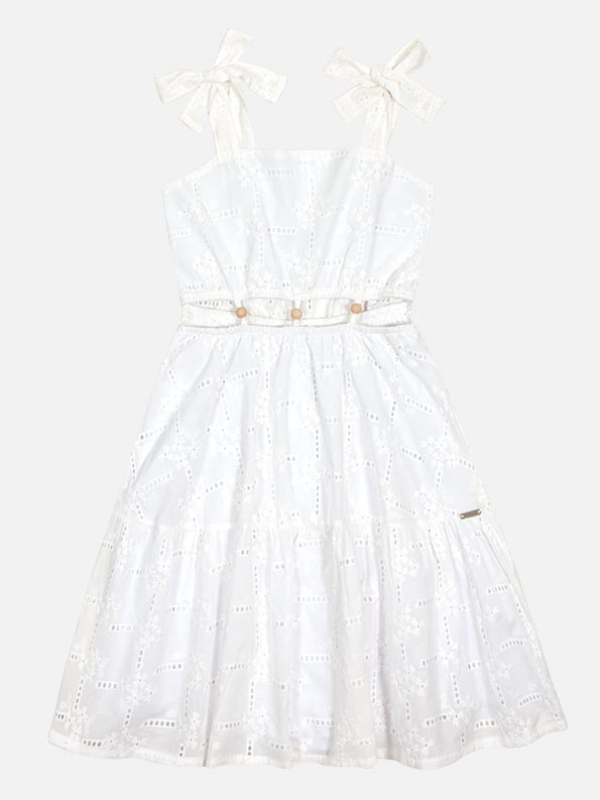 Vestido Infantil Branco de Laise com Alças de Laço e Pérolas