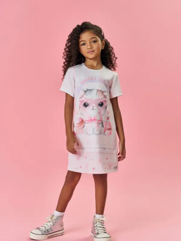 Vestido Infantil "Sweet Cinti" com Estampa de Gatinho - Delicado e Divertido