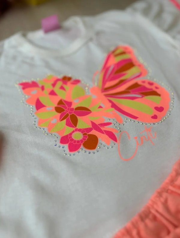 Conjunto Infantil com Blusa de Borboleta Brilhante e Saia Rosa