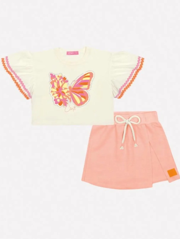 Conjunto Infantil com Blusa de Borboleta Brilhante e Saia Rosa