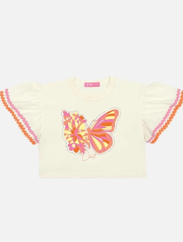 Conjunto Infantil com Blusa de Borboleta Brilhante e Saia Rosa