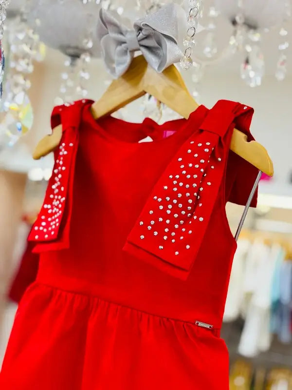 Vestido Infantil em Tricoline com Laços e Strass