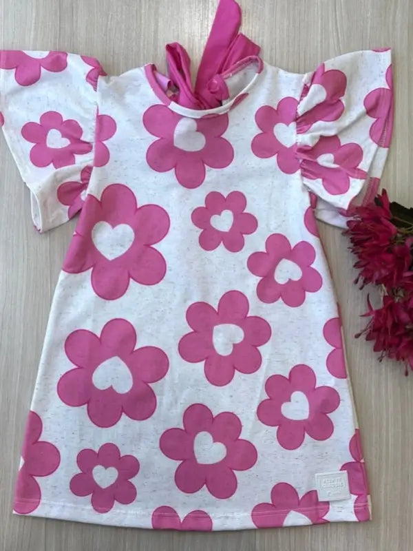 Vestido Infantil em Cotton Linho com Estampa Floral e Detalhe de Laço