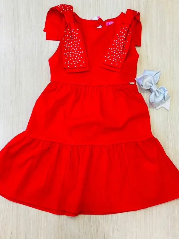 Vestido Infantil em Tricoline com Laços e Strass