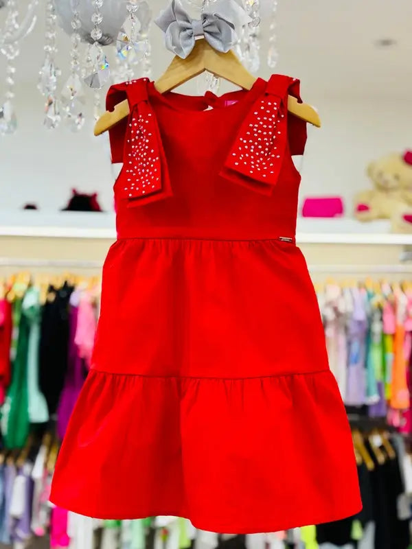 Vestido Infantil em Tricoline com Laços e Strass